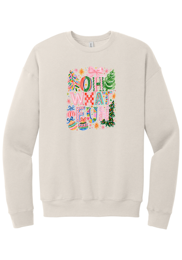 Oh What Fun crewneck sweatshirt in Heather Dust, featuring hand-painted Oh What Fun letters with pink bows, whimsical Christmas trees, and ornaments