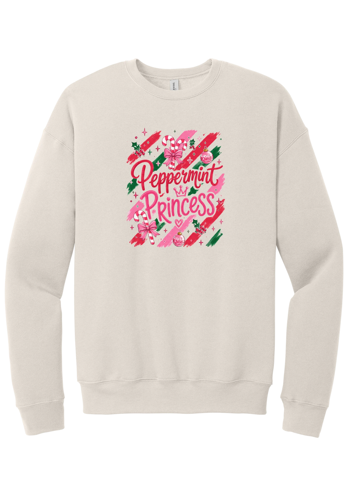 Peppermint Princess crewneck sweatshirt in Heather Dust, featuring pink Peppermint Princess script with candy canes, a crown, and bows on red and green brush strokes