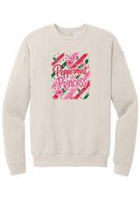 Peppermint Princess crewneck sweatshirt in Heather Dust, featuring pink Peppermint Princess script with candy canes, a crown, and bows on red and green brush strokes