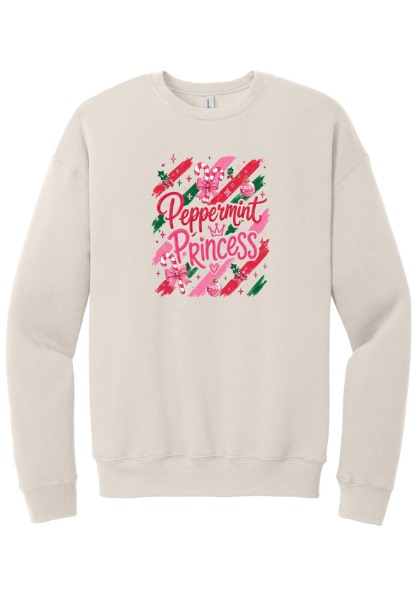 Peppermint Princess crewneck sweatshirt in Heather Dust, featuring pink Peppermint Princess script with candy canes, a crown, and bows on red and green brush strokes
