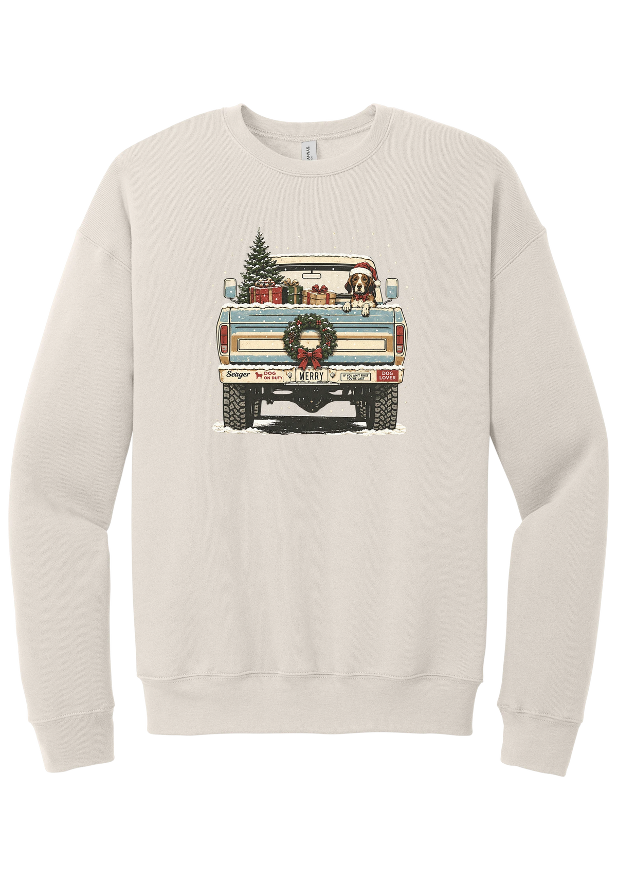 Christmas Pickup Truck with Dog crewneck sweatshirt in Heather Dust, featuring a vintage pickup truck with a Christmas tree, wrapped gifts, a tailgate wreath, and a dog in a Santa hat