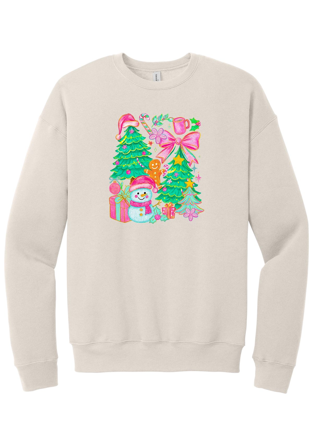 Preppy Christmas Doodle crewneck sweatshirt in Heather Dust, featuring a doodle collage of Christmas trees, a snowman, a gingerbread man, gifts, and pink bows