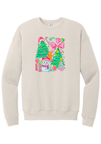 Preppy Christmas Doodle crewneck sweatshirt in Heather Dust, featuring a doodle collage of Christmas trees, a snowman, a gingerbread man, gifts, and pink bows