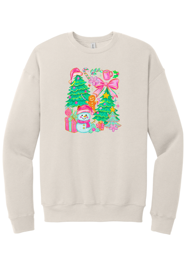 Preppy Christmas Doodle crewneck sweatshirt in Heather Dust, featuring a doodle collage of Christmas trees, a snowman, a gingerbread man, gifts, and pink bows