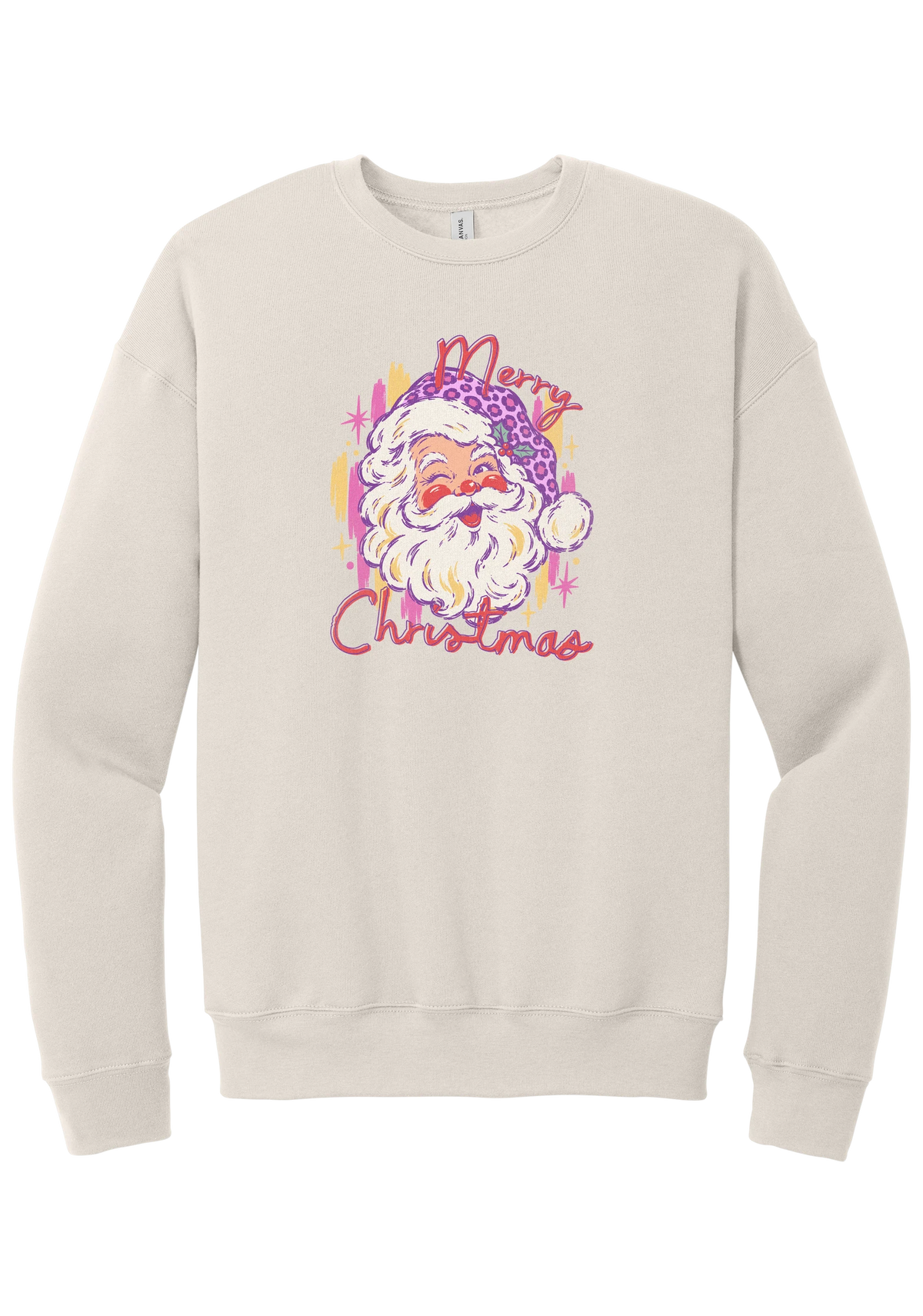 Preppy Santa (Pink Leopard) crewneck sweatshirt in Heather Dust, featuring a vintage Santa in a pink leopard hat with Merry Christmas script and sparkles