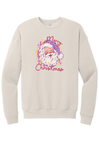 Preppy Santa (Pink Leopard) crewneck sweatshirt in Heather Dust, featuring a vintage Santa in a pink leopard hat with Merry Christmas script and sparkles
