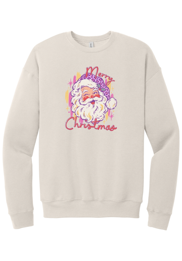 Preppy Santa (Pink Leopard) crewneck sweatshirt in Heather Dust, featuring a vintage Santa in a pink leopard hat with Merry Christmas script and sparkles