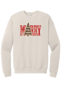 Red Gingham Merry Tree crewneck sweatshirt in Heather Dust, featuring red gingham MERRY letters with a lace-trimmed Christmas tree in the center