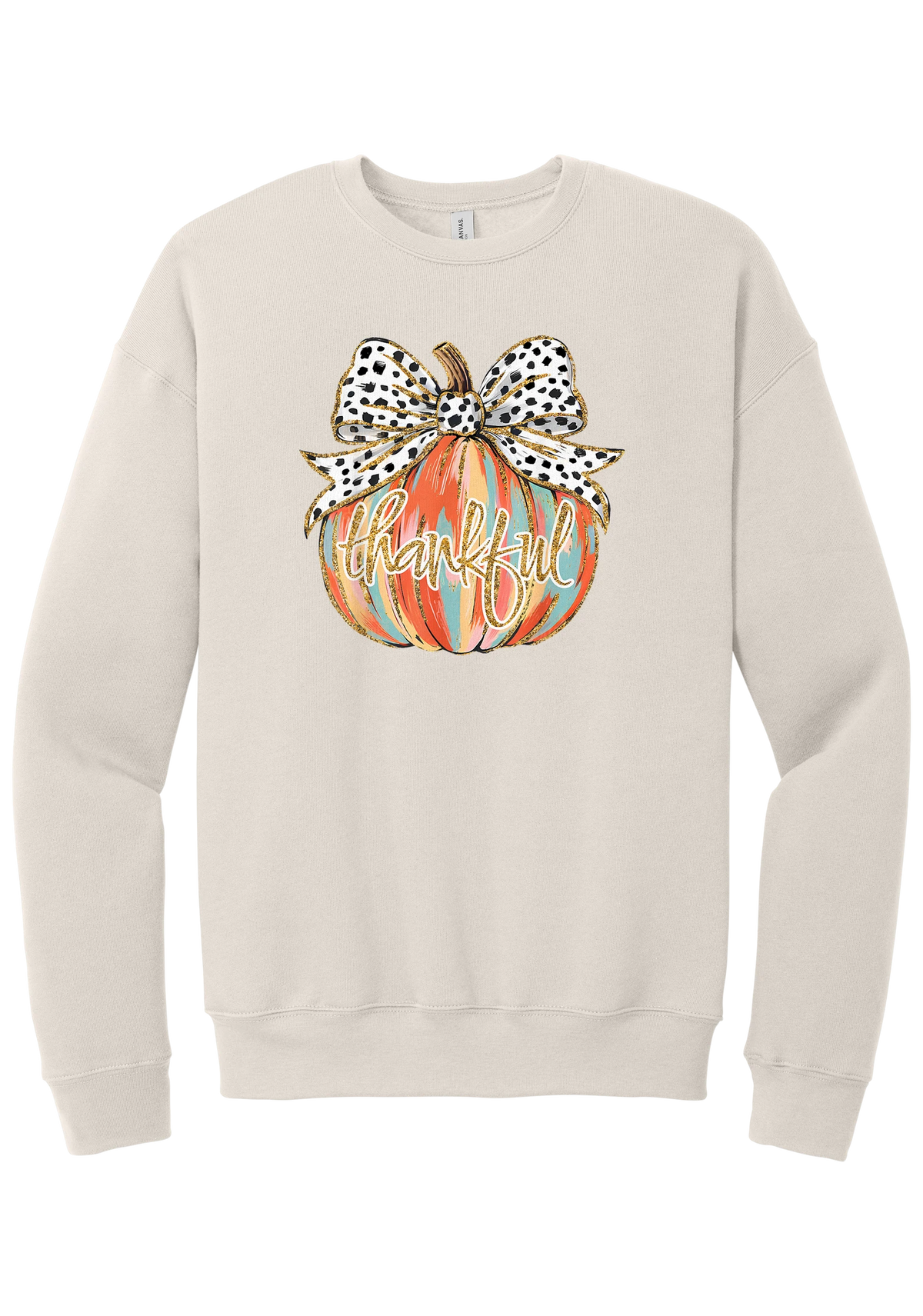 Thankful Pumpkin Bow crewneck sweatshirt in Heather Dust, featuring a painted pumpkin with a spotted bow and thankful in gold glitter script