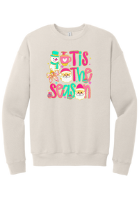 Tis the Season Snowman crewneck sweatshirt in Heather Dust, featuring pink and teal TIS THE SEASON letters with a snowman, a cocoa mug, and Santas