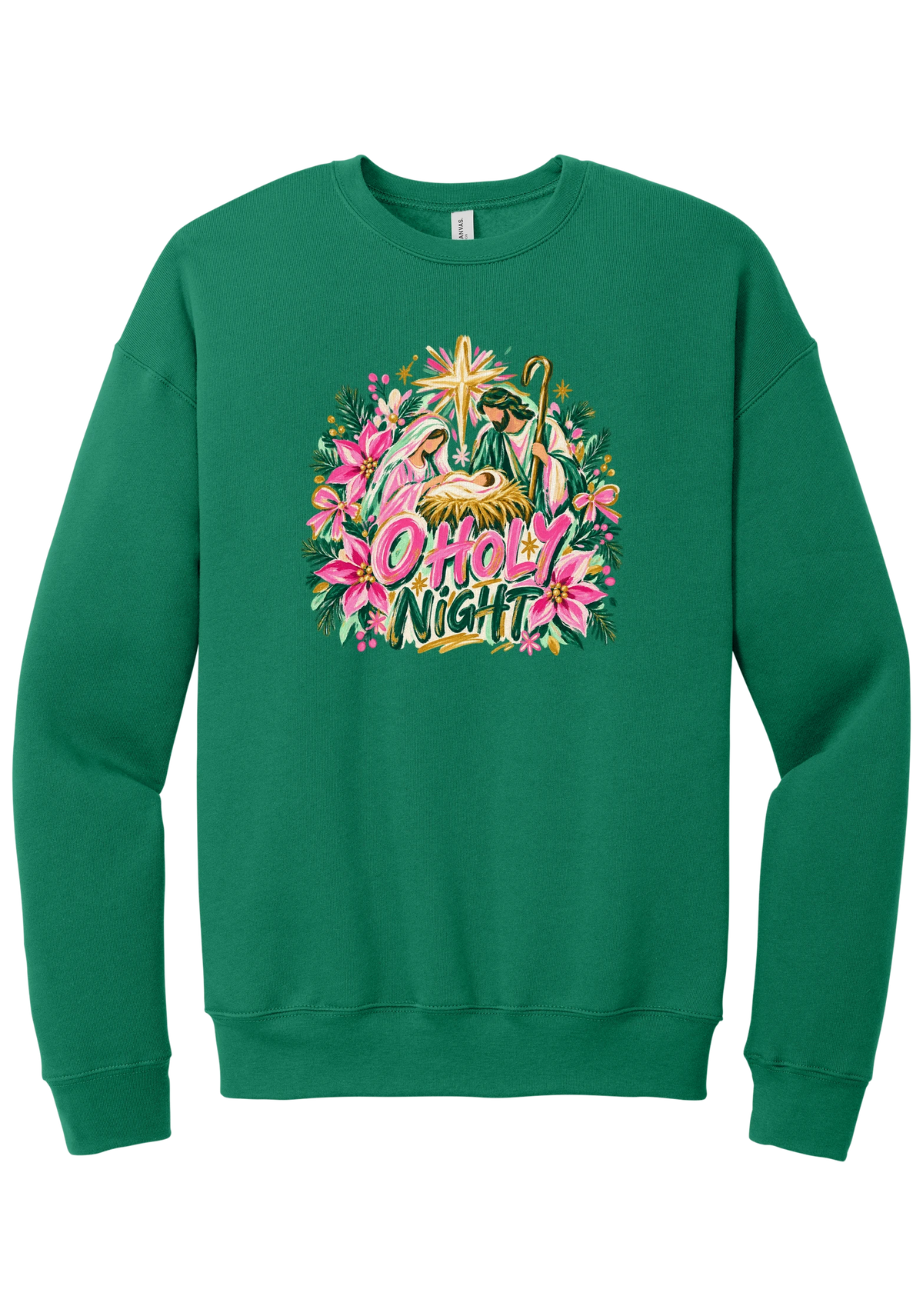 Artful O Holy Night crewneck sweatshirt in Kelly Green, featuring a painted nativity under the star of Bethlehem with O Holy Night lettering framed by pink poinsettias and evergreen