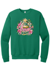 Artful O Holy Night crewneck sweatshirt in Kelly Green, featuring a painted nativity under the star of Bethlehem with O Holy Night lettering framed by pink poinsettias and evergreen