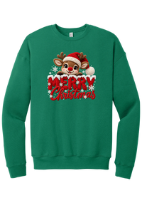 Crocheted Rudolph Merry Christmas crewneck sweatshirt in Kelly Green, featuring a crochet-style reindeer in a Santa hat peeking over knit-texture Merry Christmas lettering with snowflakes