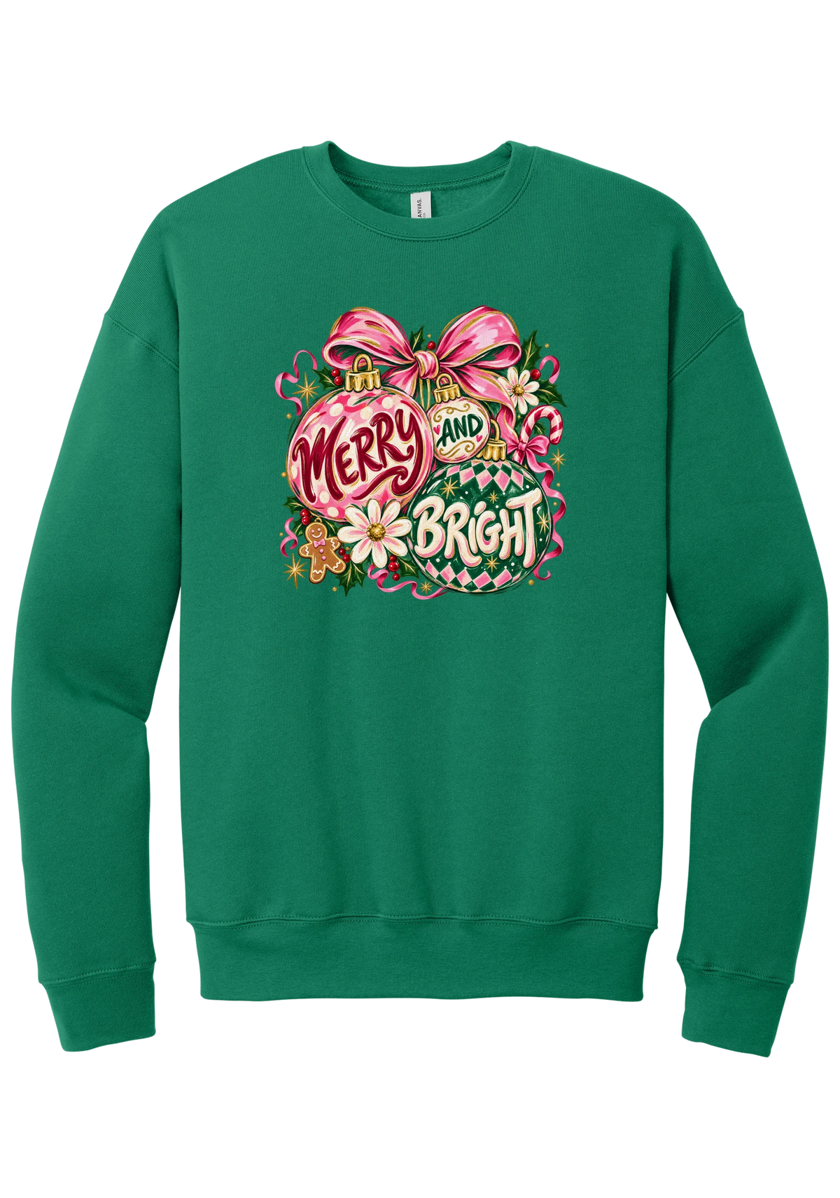 Merry and Bright Ornaments crewneck sweatshirt in Kelly Green, featuring hand-painted pink and green ornaments reading Merry and Bright with a pink bow, holly, daisies, a candy cane, and a gingerbread man
