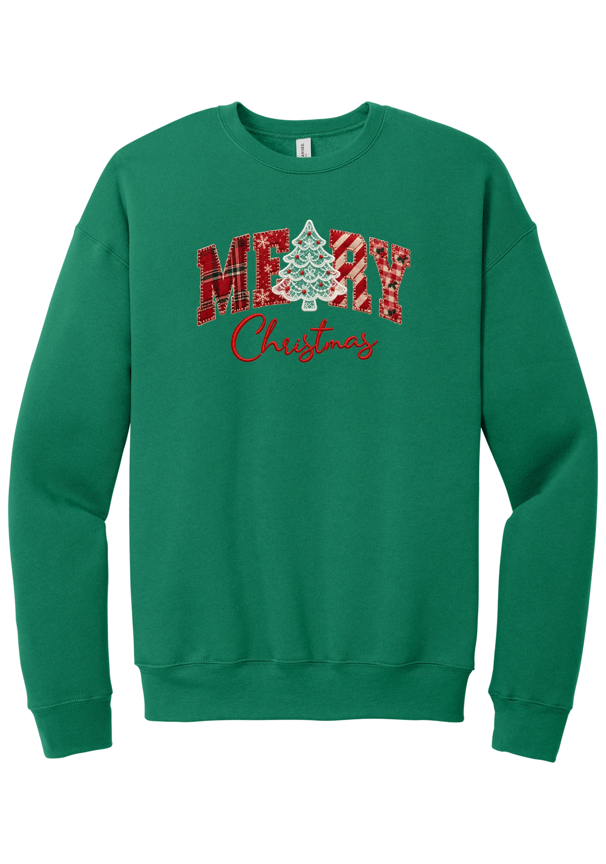 Merry Lace and Pattern Applique crewneck sweatshirt in Kelly Green, featuring faux applique MERRY letters in red plaid, snowflake, candy cane, and gingham fabrics with a lace Christmas tree and red script Christmas