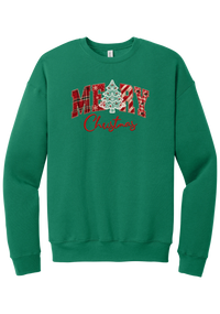 Merry Lace and Pattern Applique crewneck sweatshirt in Kelly Green, featuring faux applique MERRY letters in red plaid, snowflake, candy cane, and gingham fabrics with a lace Christmas tree and red script Christmas