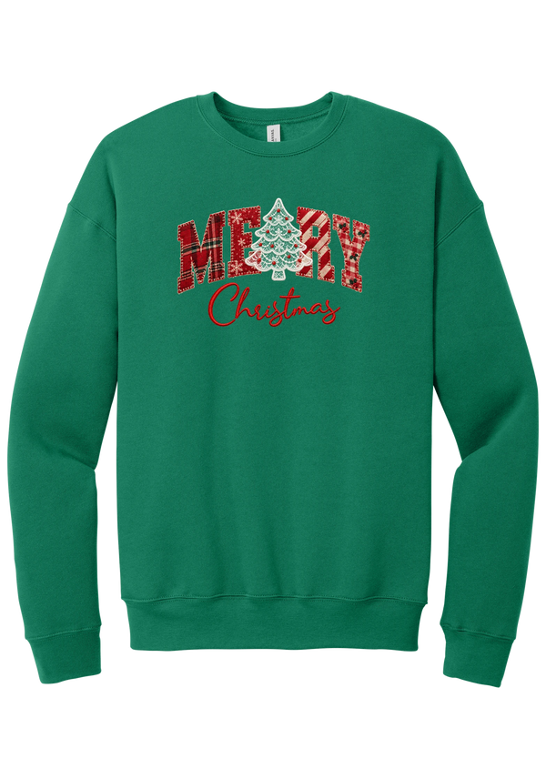 Merry Lace and Pattern Applique crewneck sweatshirt in Kelly Green, featuring faux applique MERRY letters in red plaid, snowflake, candy cane, and gingham fabrics with a lace Christmas tree and red script Christmas