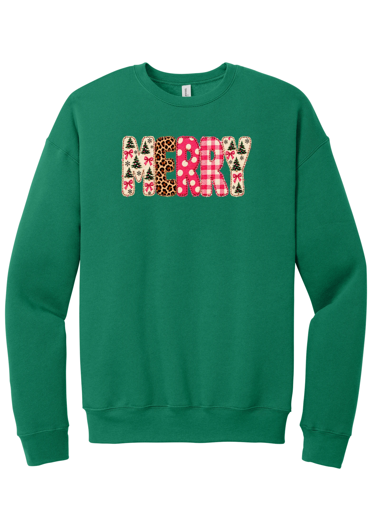 Merry Preppy Applique crewneck sweatshirt in Kelly Green, featuring faux applique MERRY letters in pink and green patchwork patterns with trees, gingham, Santas, polka dots, and candy cane stripes