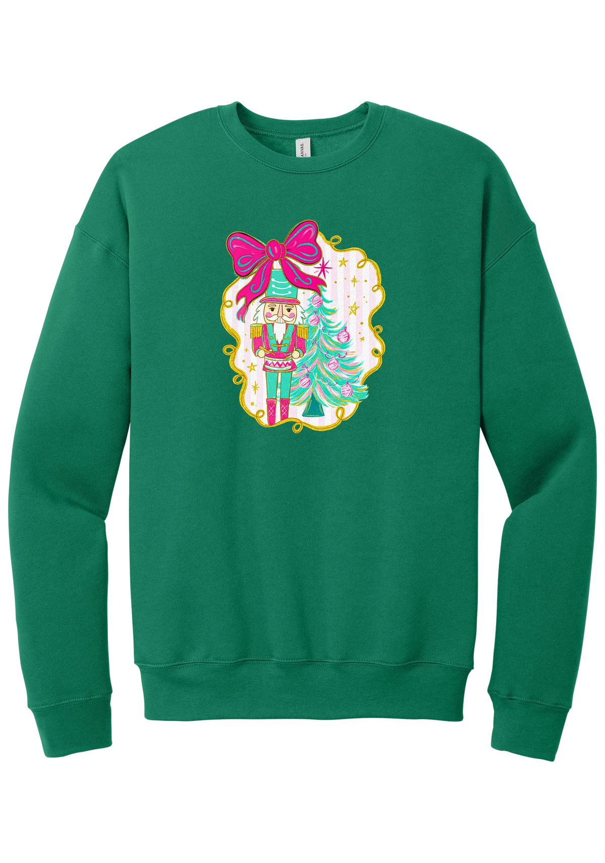 Nutcracker Bow crewneck sweatshirt in Kelly Green, featuring a teal and pink nutcracker beside a tinsel tree under a big hot pink bow