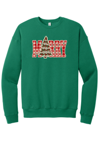 Red Gingham Merry Tree crewneck sweatshirt in Kelly Green, featuring red gingham MERRY letters with a lace-trimmed Christmas tree in the center