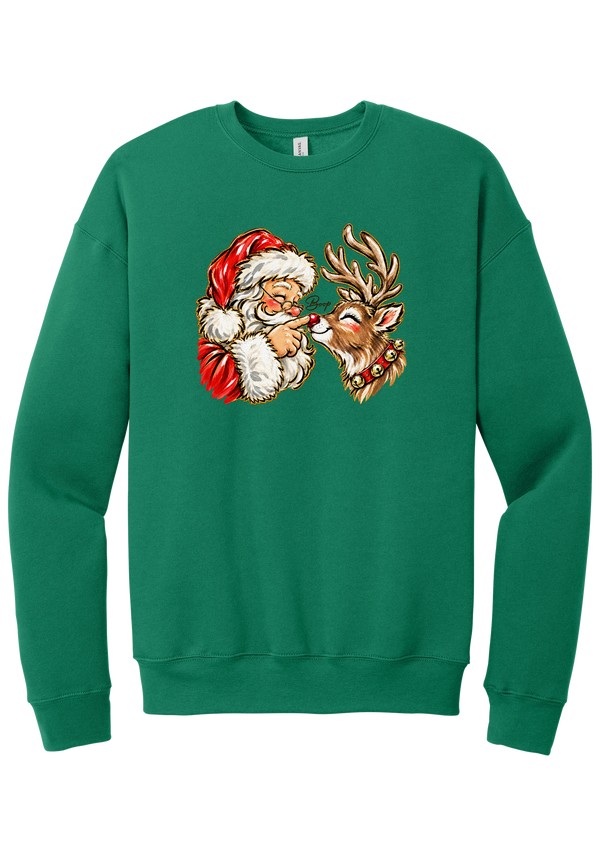 Santa and Rudolph Boop crewneck sweatshirt in Kelly Green, featuring a hand-painted vintage Santa booping a smiling reindeer on its red nose