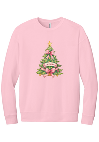Adore Him Bow Tree crewneck sweatshirt in Pink, featuring a green Christmas tree with pink bows, a gold star, and an Oh Come Let Us Adore Him banner