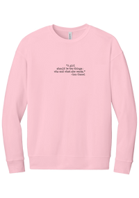 Coco Chanel Who and What Quote crewneck sweatshirt in Pink, featuring A girl should be two things who and what she wants in distressed black typewriter letters
