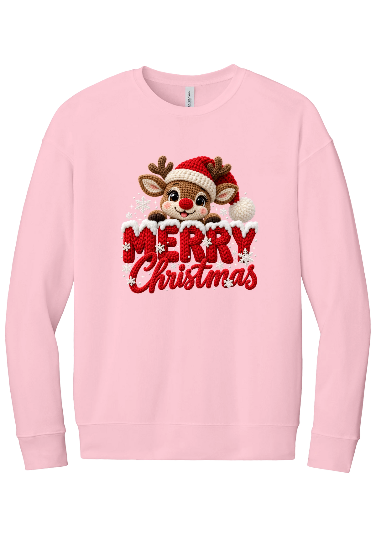 Crocheted Rudolph Merry Christmas crewneck sweatshirt in Pink, featuring a crochet-style reindeer in a Santa hat peeking over knit-texture Merry Christmas lettering with snowflakes