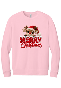 Crocheted Rudolph Merry Christmas crewneck sweatshirt in Pink, featuring a crochet-style reindeer in a Santa hat peeking over knit-texture Merry Christmas lettering with snowflakes