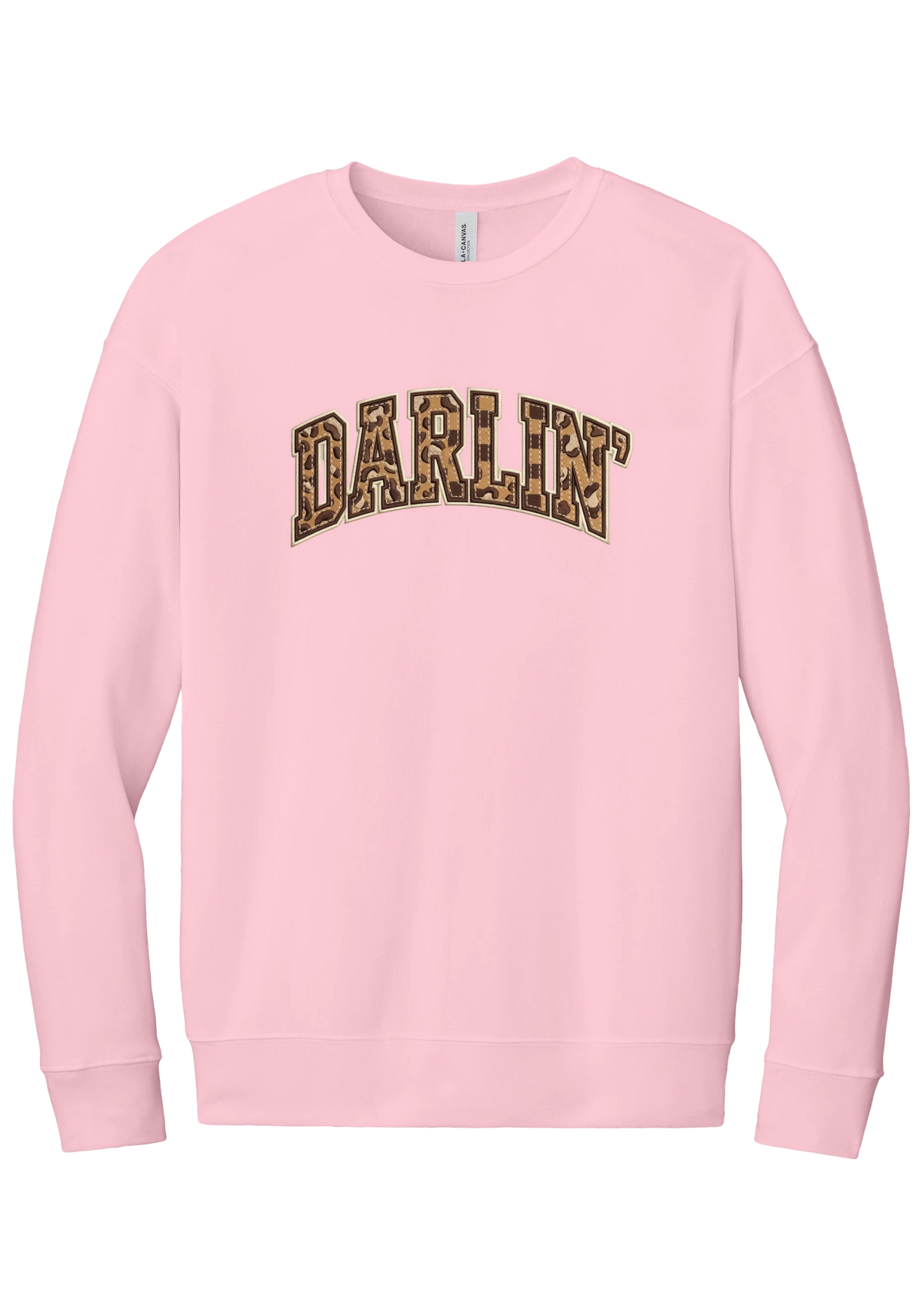 Darlin' crewneck sweatshirt, Checker Outline design, in Pink, featuring arched varsity DARLIN' letters filled with leopard and checker print