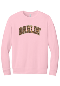 Darlin' crewneck sweatshirt, Checker Outline design, in Pink, featuring arched varsity DARLIN' letters filled with leopard and checker print