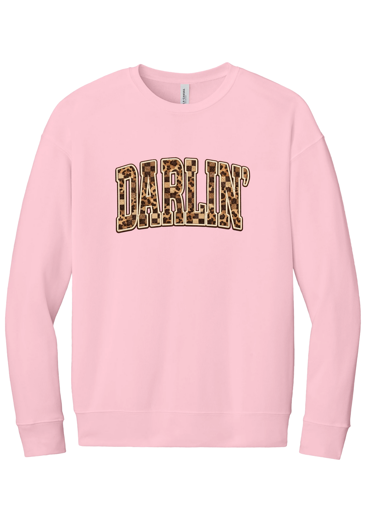Darlin' crewneck sweatshirt, Leopard Checker design, in Pink, featuring arched varsity DARLIN' letters filled with leopard and checker print
