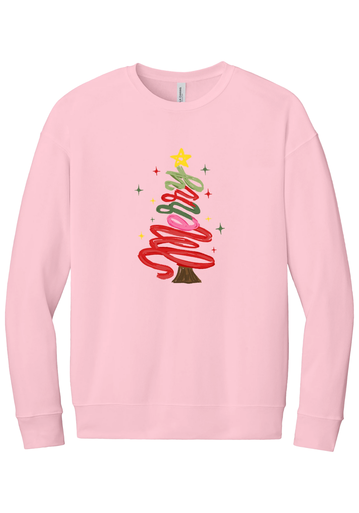 Hand Script Merry Christmas Tree crewneck sweatshirt in Pink, featuring loopy hand-drawn script in red, pink, and green forming a Christmas tree with a gold star and sparkles
