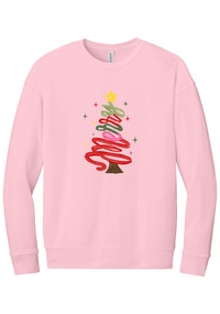 Hand Script Merry Christmas Tree crewneck sweatshirt in Pink, featuring loopy hand-drawn script in red, pink, and green forming a Christmas tree with a gold star and sparkles