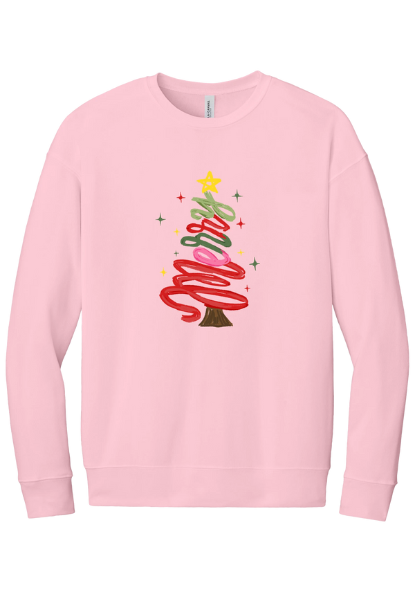 Hand Script Merry Christmas Tree crewneck sweatshirt in Pink, featuring loopy hand-drawn script in red, pink, and green forming a Christmas tree with a gold star and sparkles