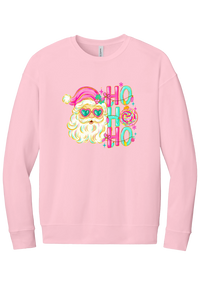 Ho Ho Ho Santa Portrait crewneck sweatshirt in Pink, featuring a pink-hatted Santa in teal heart sunglasses with stacked HO HO HO letters