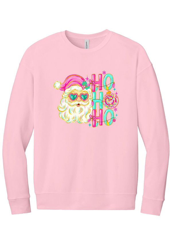 Ho Ho Ho Santa Portrait crewneck sweatshirt in Pink, featuring a pink-hatted Santa in teal heart sunglasses with stacked HO HO HO letters