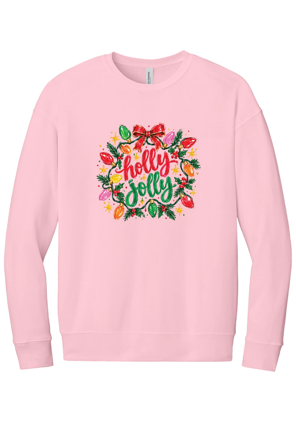 Holly Jolly Christmas Lights crewneck sweatshirt in Pink, featuring hand-lettered holly jolly script framed by vintage Christmas bulb lights, pine, holly berries, and a red bow