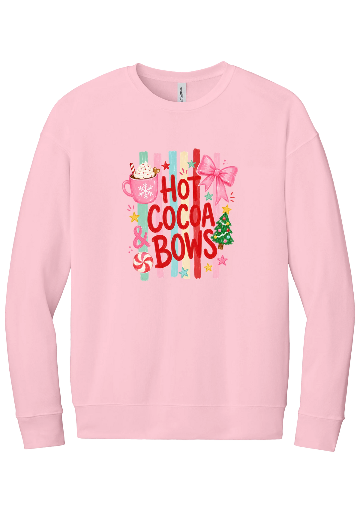 Hot Cocoa and Bows crewneck sweatshirt in Pink, featuring red HOT COCOA and BOWS letters on pastel stripes with a cocoa mug and a pink bow