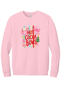 Hot Cocoa and Bows crewneck sweatshirt in Pink, featuring red HOT COCOA and BOWS letters on pastel stripes with a cocoa mug and a pink bow