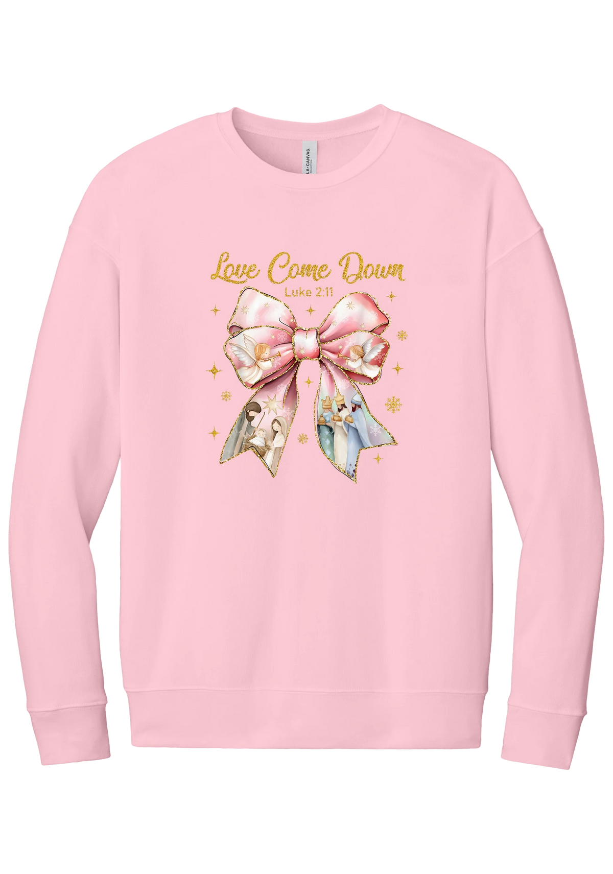 Love Came Down Nativity Bow crewneck sweatshirt in Pink, featuring a blush satin bow with painted nativity scenes under gold Love Came Down script and Luke 2:11