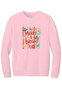 Merry and Bright Striped crewneck sweatshirt in Pink, featuring red MERRY and BRIGHT letters on pink and green stripes with ornaments and holly
