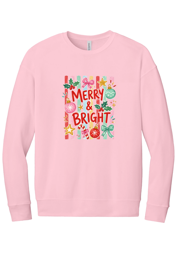 Merry and Bright Striped crewneck sweatshirt in Pink, featuring red MERRY and BRIGHT letters on pink and green stripes with ornaments and holly