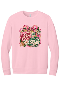Merry and Bright Ornaments crewneck sweatshirt in Pink, featuring hand-painted pink and green ornaments reading Merry and Bright with a pink bow, holly, daisies, a candy cane, and a gingerbread man