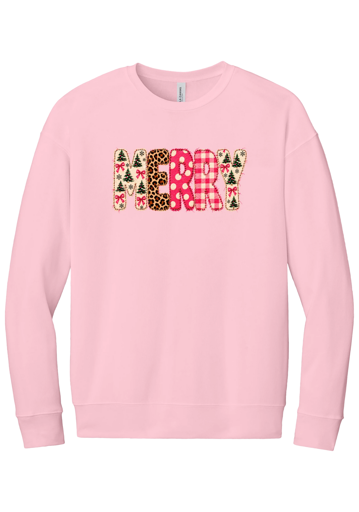 Merry Preppy Applique crewneck sweatshirt in Pink, featuring faux applique MERRY letters in pink and green patchwork patterns with trees, gingham, Santas, polka dots, and candy cane stripes