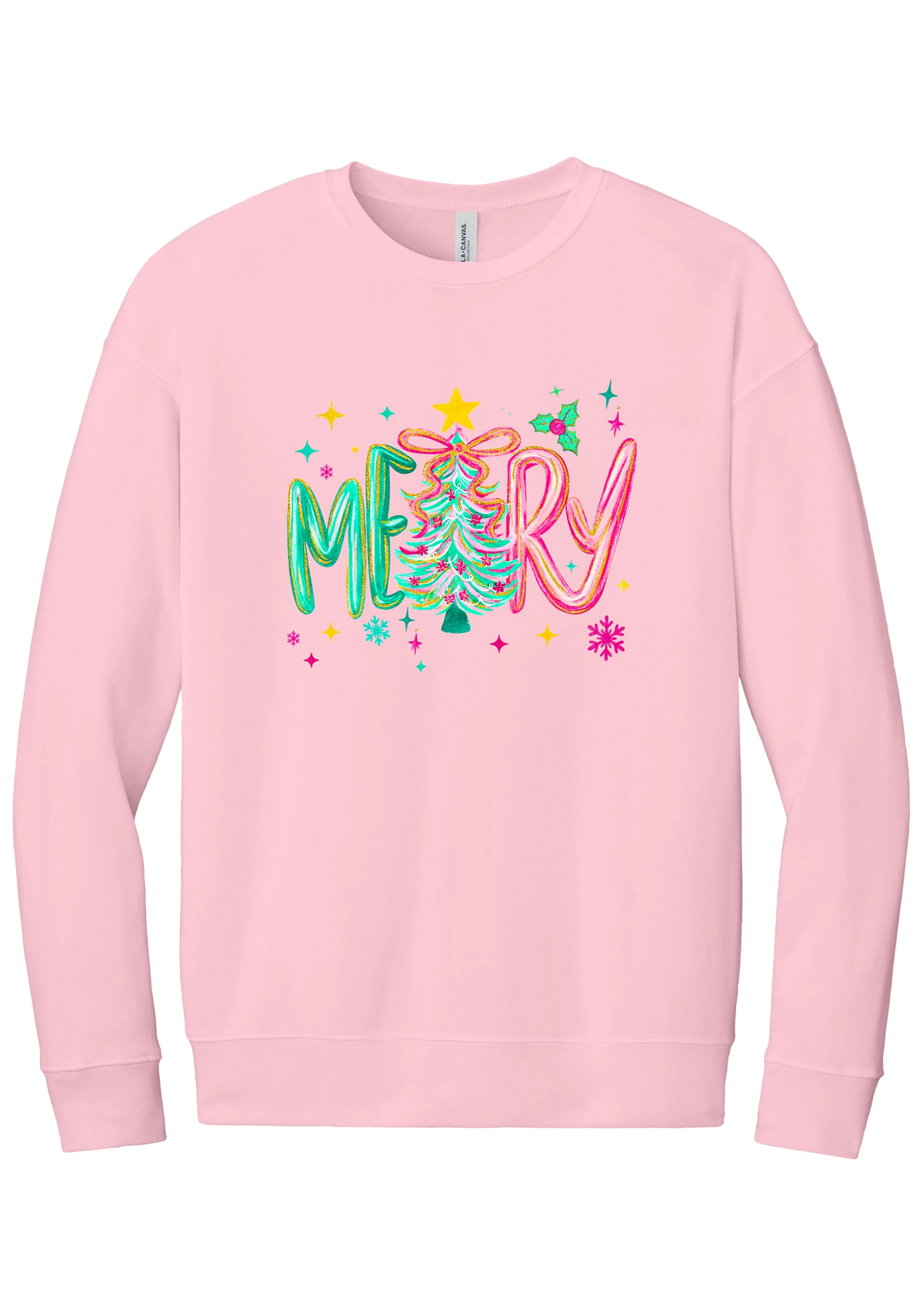 Merry Tinsel Tree crewneck sweatshirt in Pink, featuring puffy teal and pink MERRY letters around a tinsel Christmas tree with a gold star