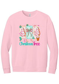 Oh Christmas Tree Cakes crewneck sweatshirt in Pink, featuring frosted Christmas tree snack cakes on pink and mint panels over Oh Christmas Tree lettering