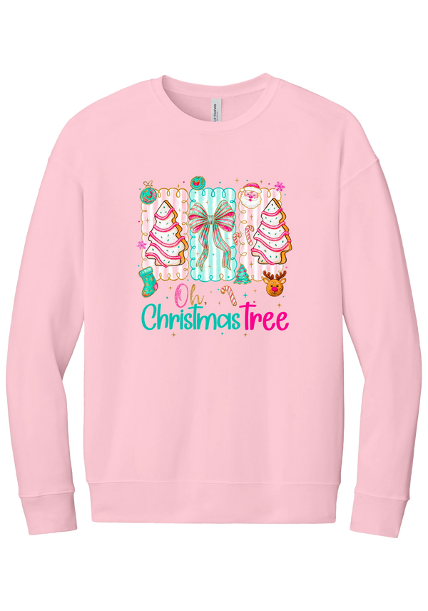 Oh Christmas Tree Cakes crewneck sweatshirt in Pink, featuring frosted Christmas tree snack cakes on pink and mint panels over Oh Christmas Tree lettering