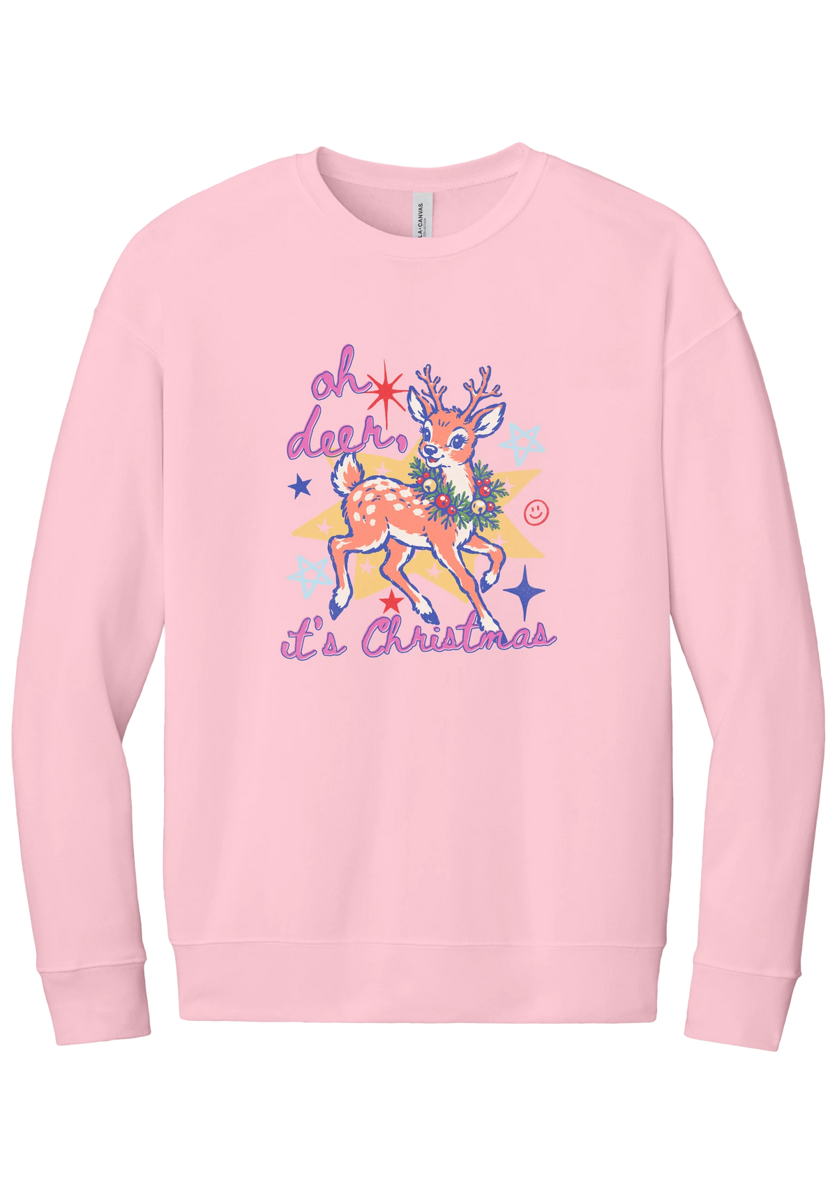 Oh Deer Retro crewneck sweatshirt in Pink, featuring a retro spotted fawn with a holly wreath, pastel stars, and Oh Deer It's Christmas script