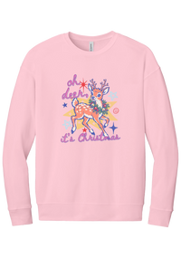 Oh Deer Retro crewneck sweatshirt in Pink, featuring a retro spotted fawn with a holly wreath, pastel stars, and Oh Deer It's Christmas script